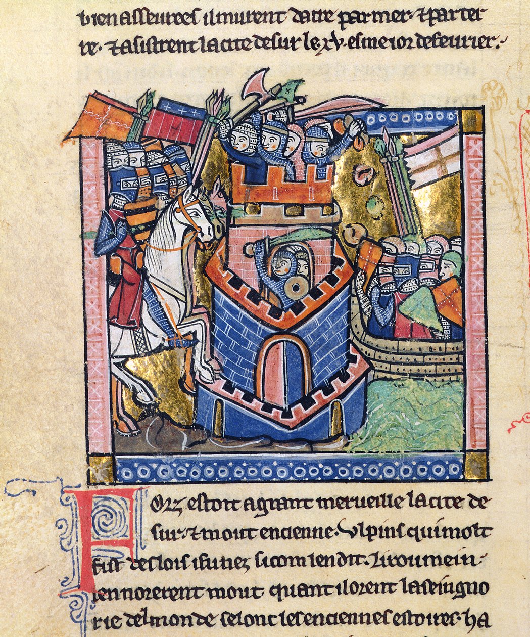 Fr 2630 f.111v Dæk bliver blokeret af den venetianske flåde og belejret af korsfarerridder, fra Estoire d