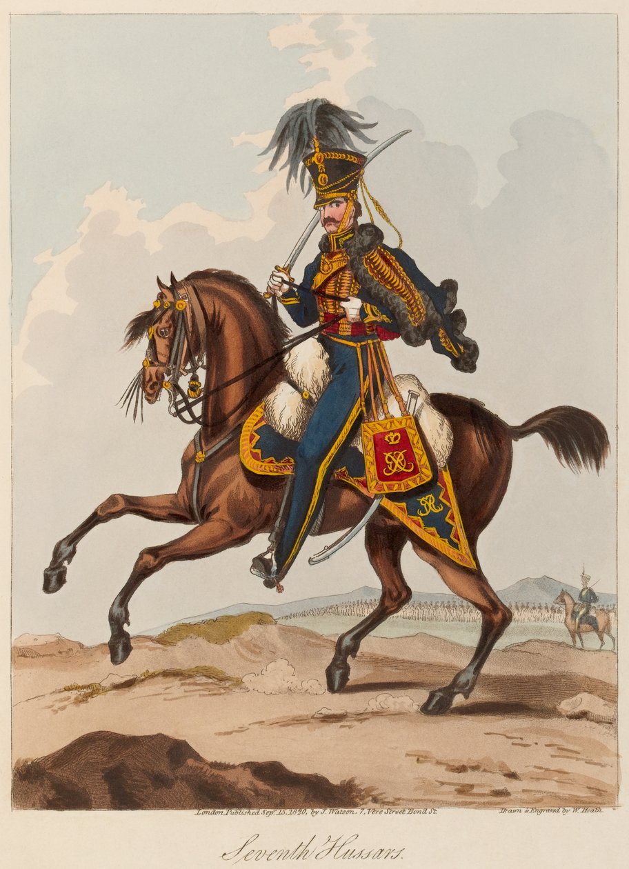 Seventh Husars (akvatint, farvet) af William (after) Heath