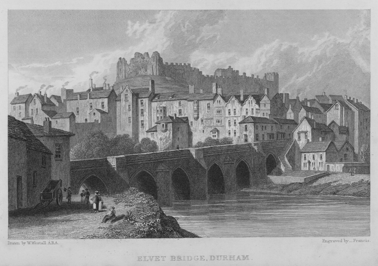 Elvet Bridge, Durham (gravering) af William (after) Westall