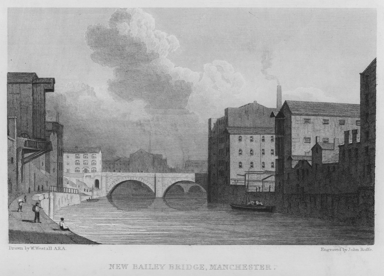 New Bailey Bridge, Manchester (gravering) af William (after) Westall