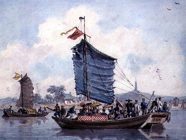 Kinesisk flodscene med Junks under sejl af William Alexander