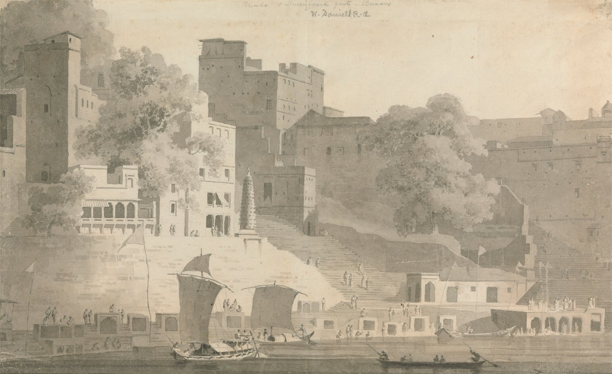 Bramha og Narsingdara Ghat, Varanasi af William Daniell