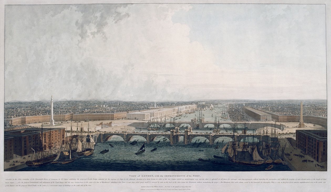 Foreslået London Bridge, London, 1802. af William Daniell