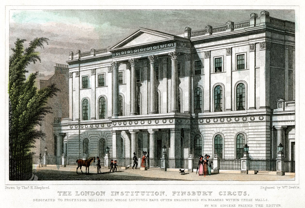 The London Institution, Finsbury Circus, London, 1827. af William Deeble