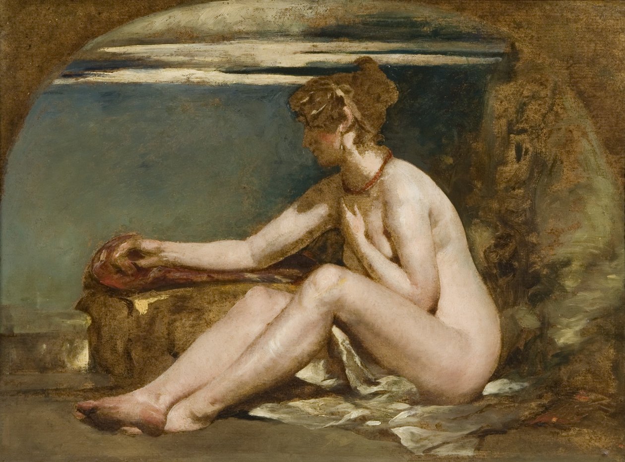 Siddende nøgen (olie på lærred) af William Etty