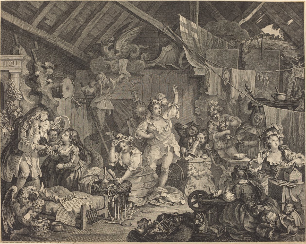 Spadserende skuespillerinder klæder sig i en lade af William Hogarth