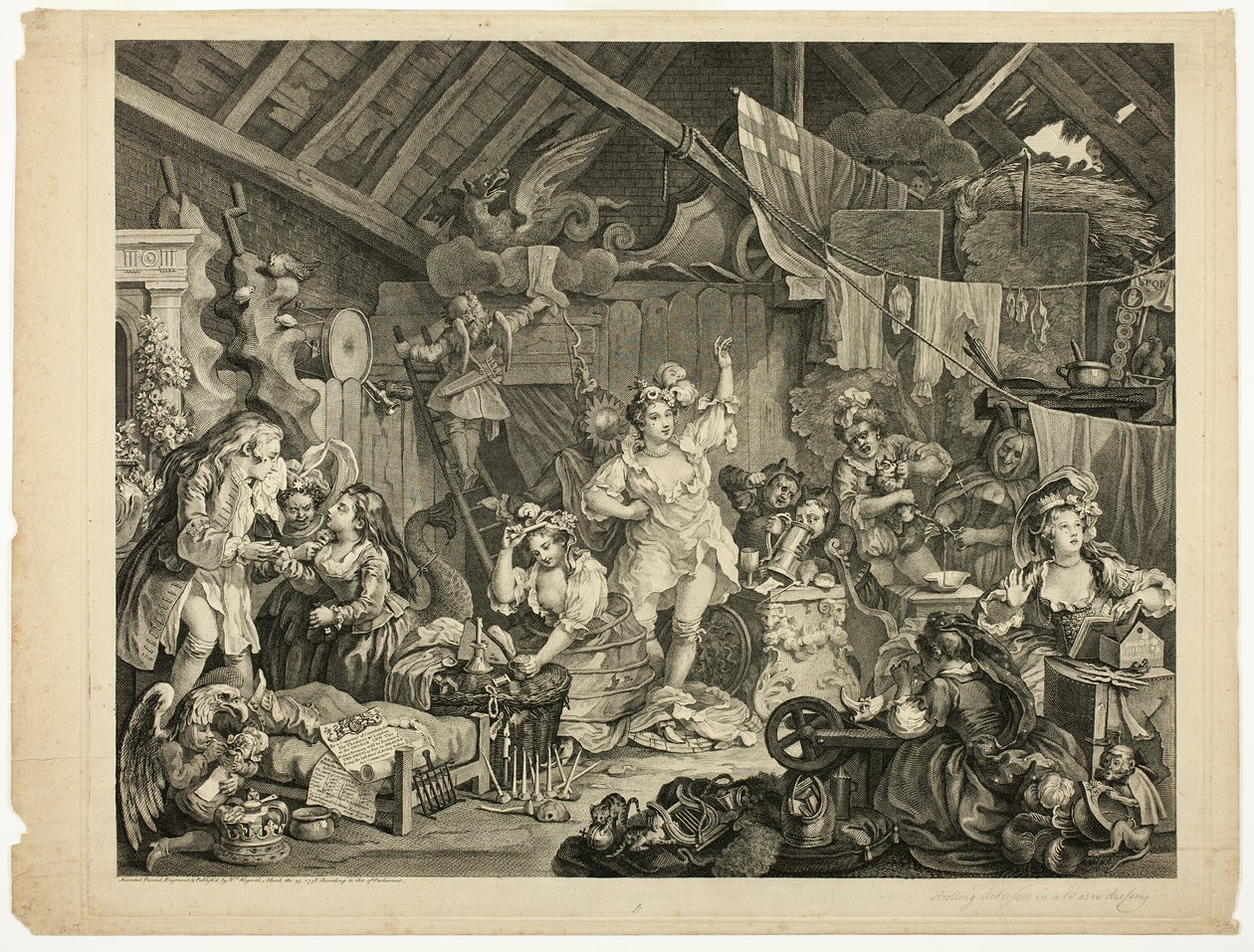 Spadserende skuespillerinder klæder sig i en lade af William Hogarth