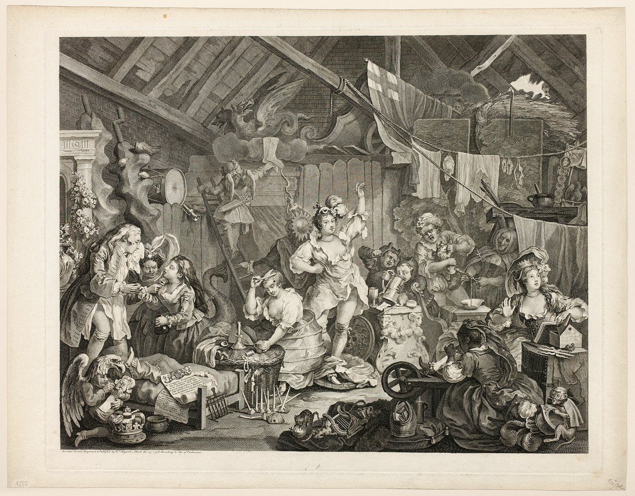 Spadserende skuespillerinder klæder sig i en lade af William Hogarth