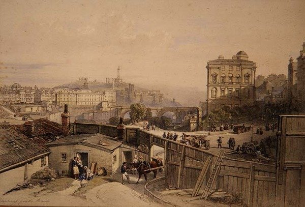 Edinburgh fra højen (farve litho) af William Leighton Leitch