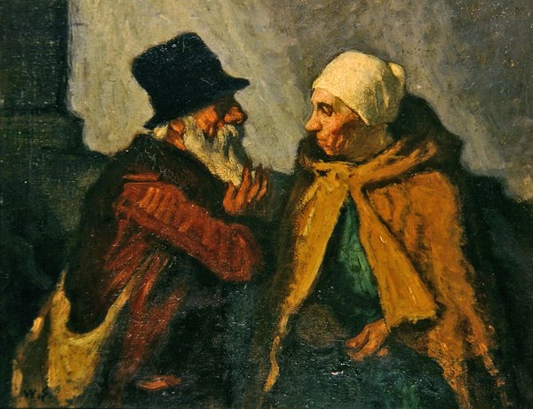 Gammelt par snakker (olie på panel) af William Strang