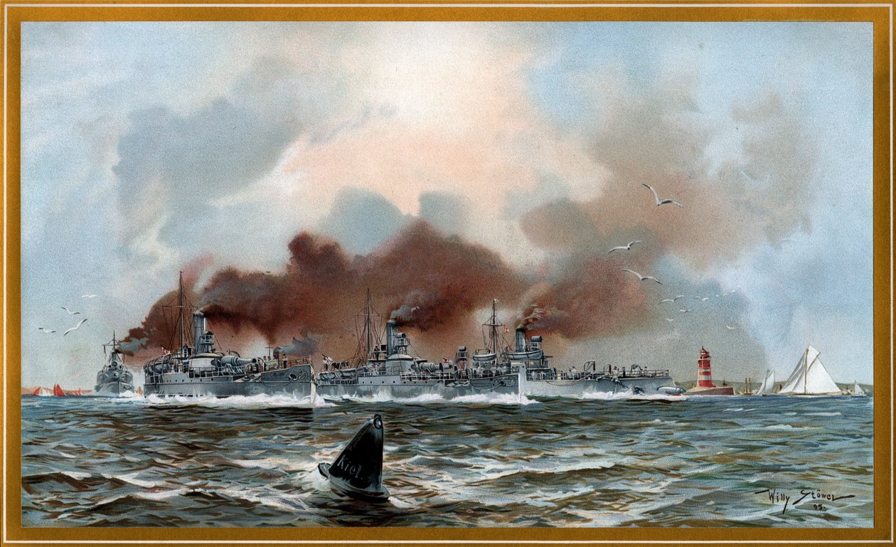 Imperial Navy Urminius og tankkanonbåde nær Friedrichsort af Willy Stöwer