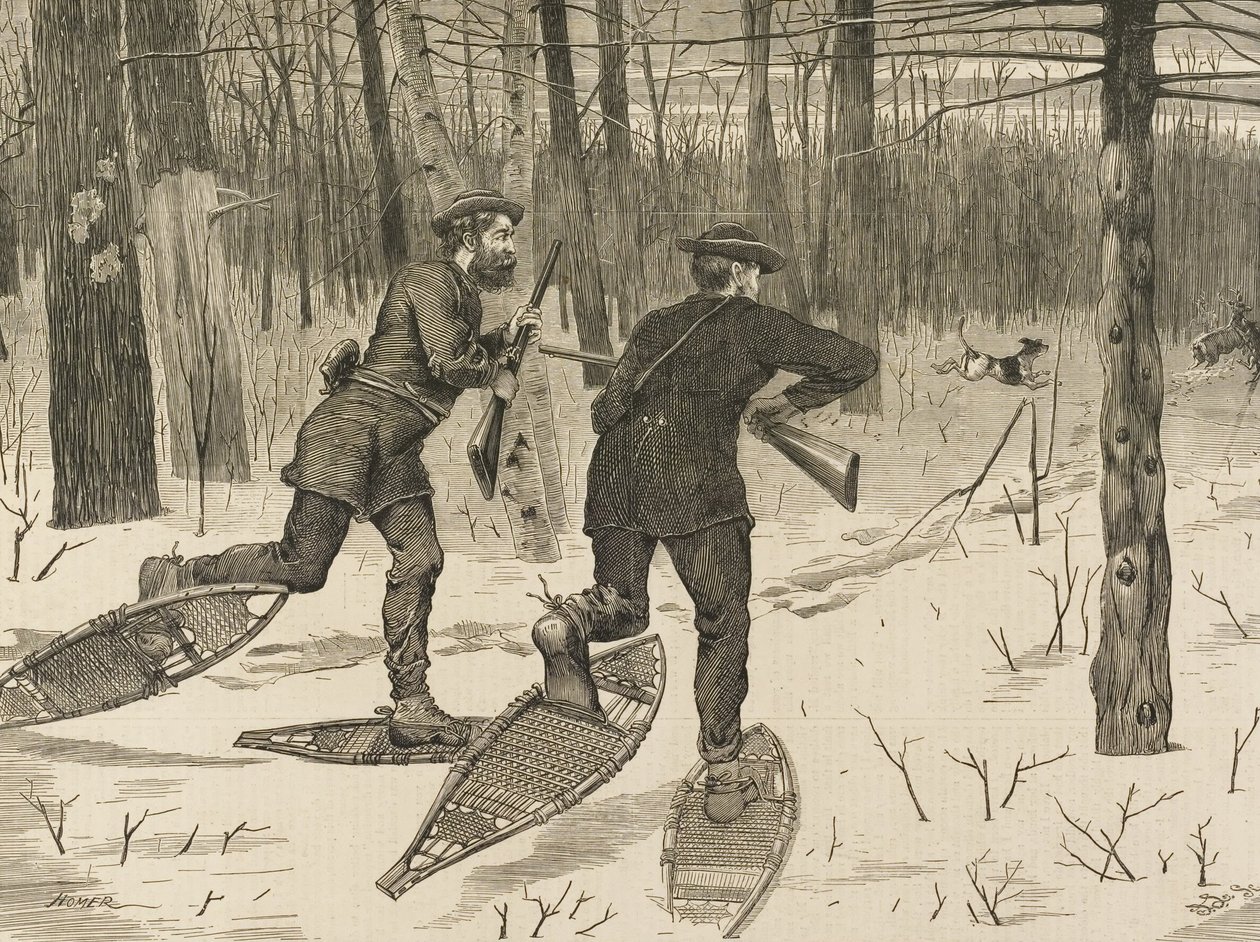 Rådyr-forfølgelse i Adirondacks om vinteren, fra hver lørdag den 21. januar 1871, s. 57 af Winslow Homer