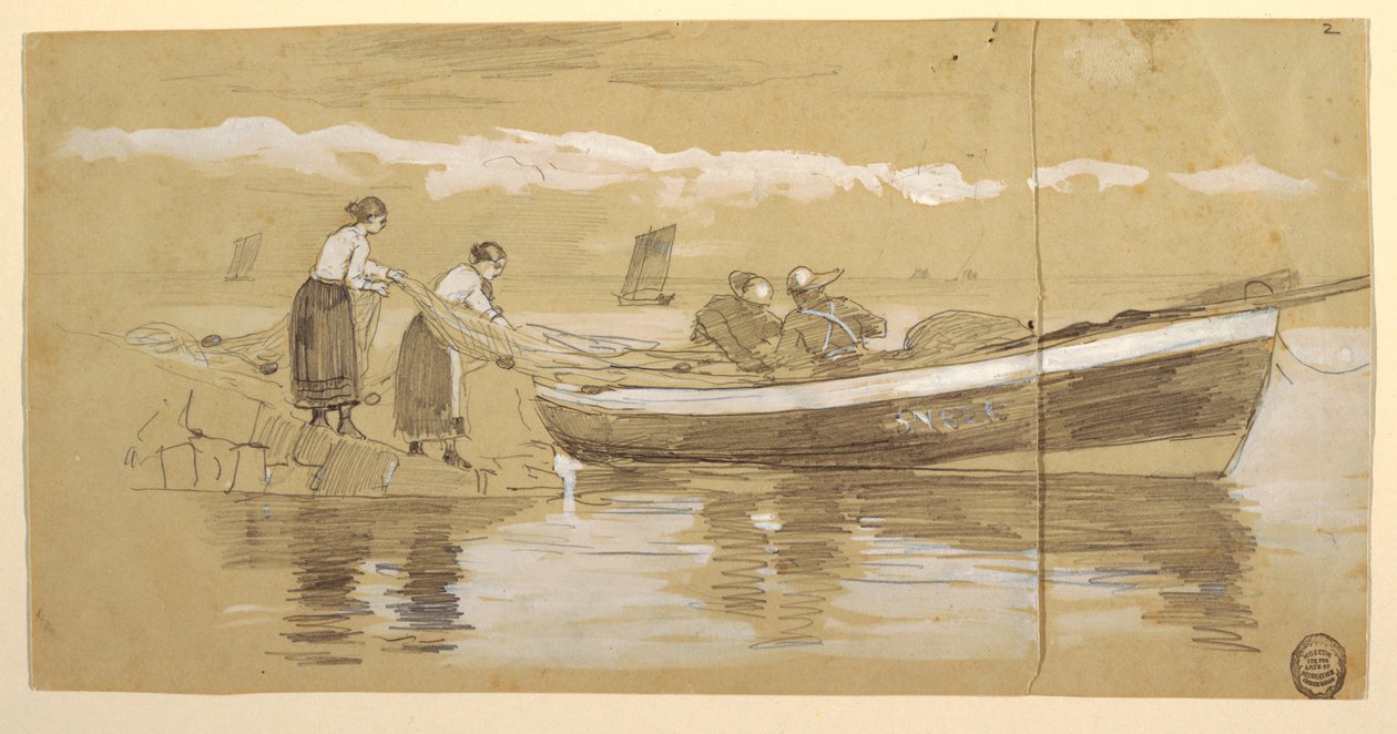 Tegning, fisker og kvinder, der stuver net i en strandet Dory, Cullercoats, England af Winslow Homer
