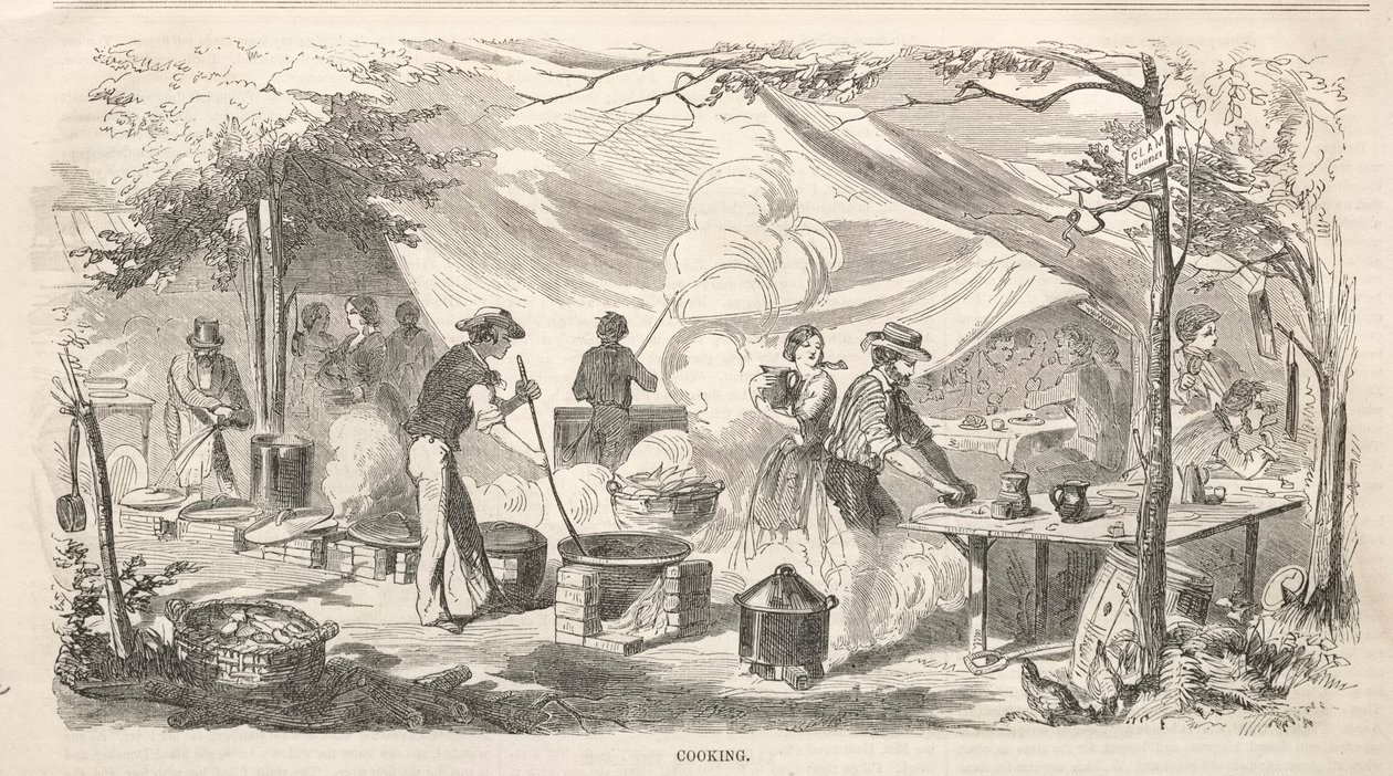 Lejrmødeskitser: Madlavning, 1858. af Winslow Homer