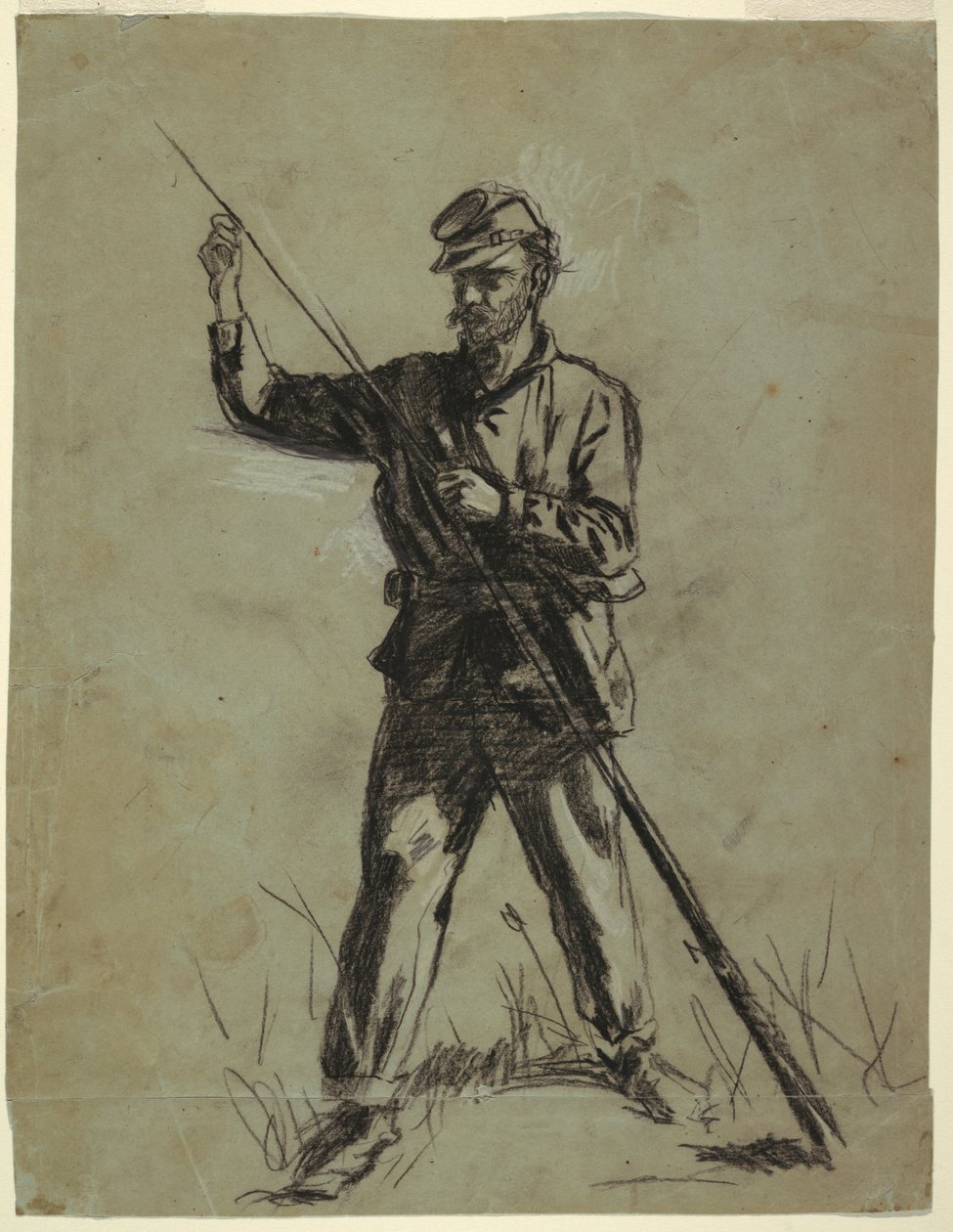 Tegning, kavalerisoldat, der lader en riffel, 1863-64 af Winslow Homer