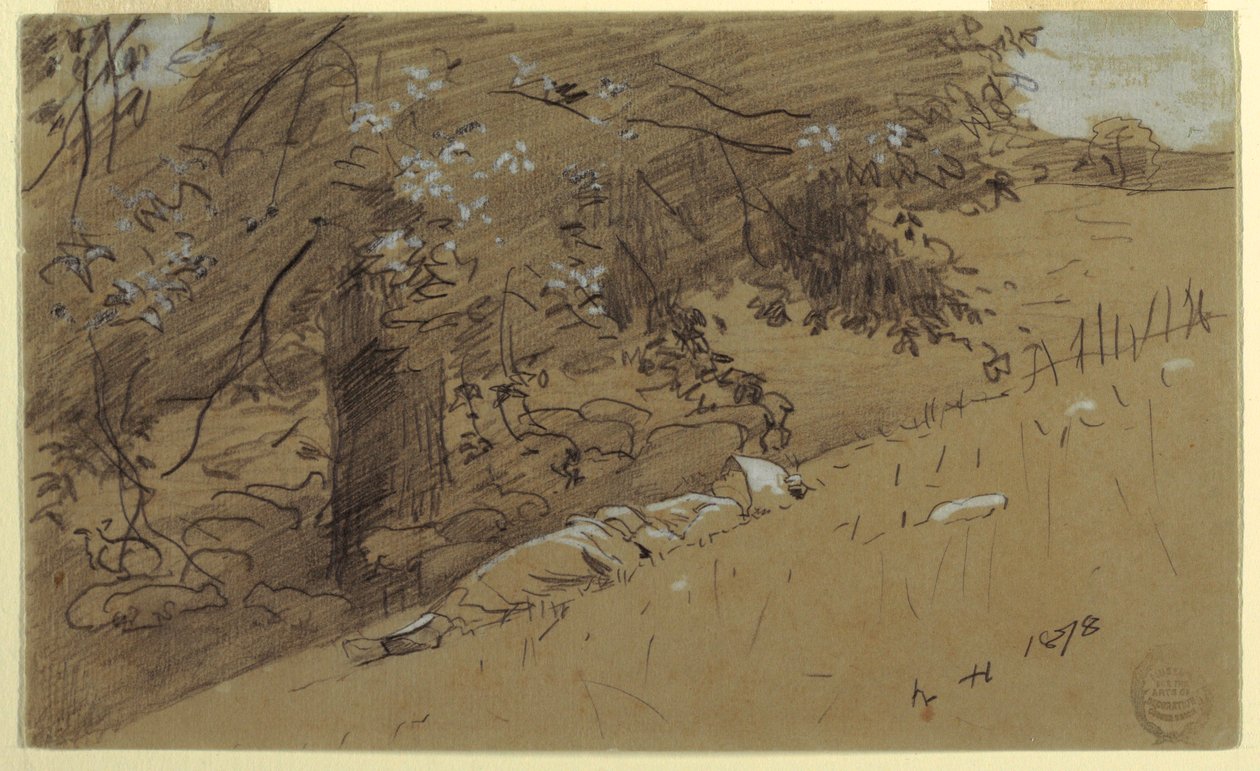 Tegning, Hyrdinde hviler sig under et træ, 1878 af Winslow Homer
