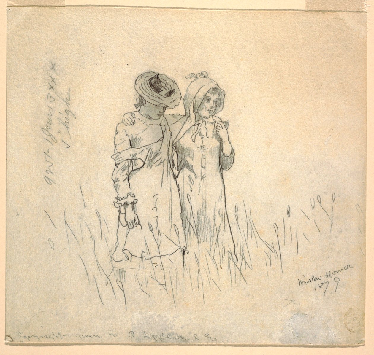 Tegning, To piger på en mark, 1879 af Winslow Homer