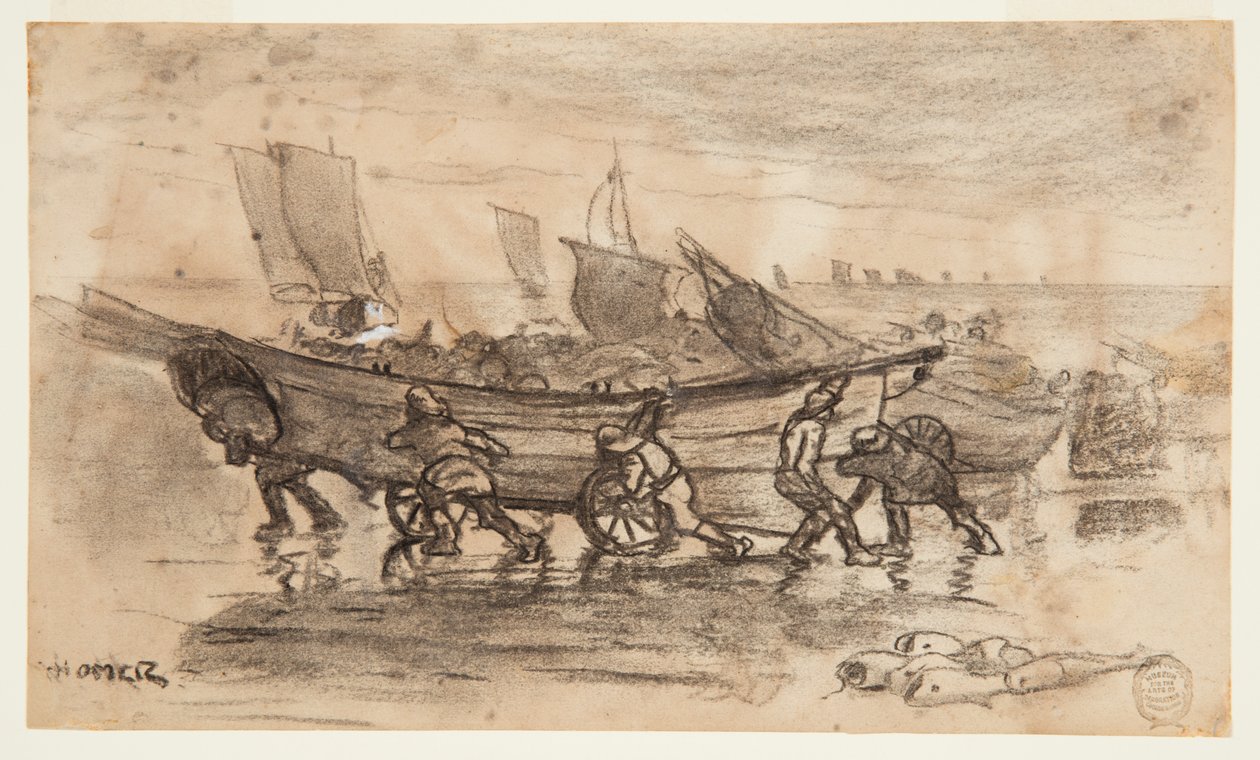 Fishermen Beaching a Dory, Cullercoats, England af Winslow Homer