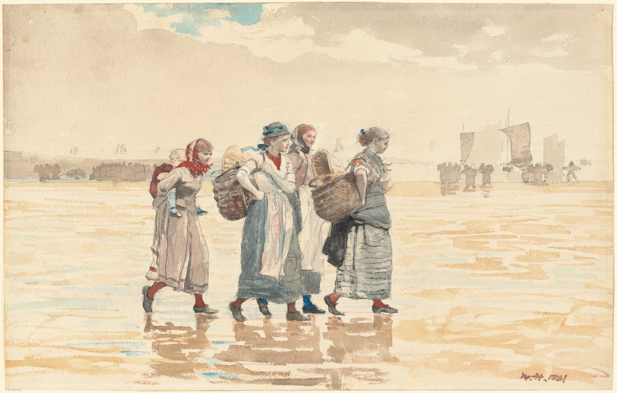 Fire fiskefruer på stranden af Winslow Homer