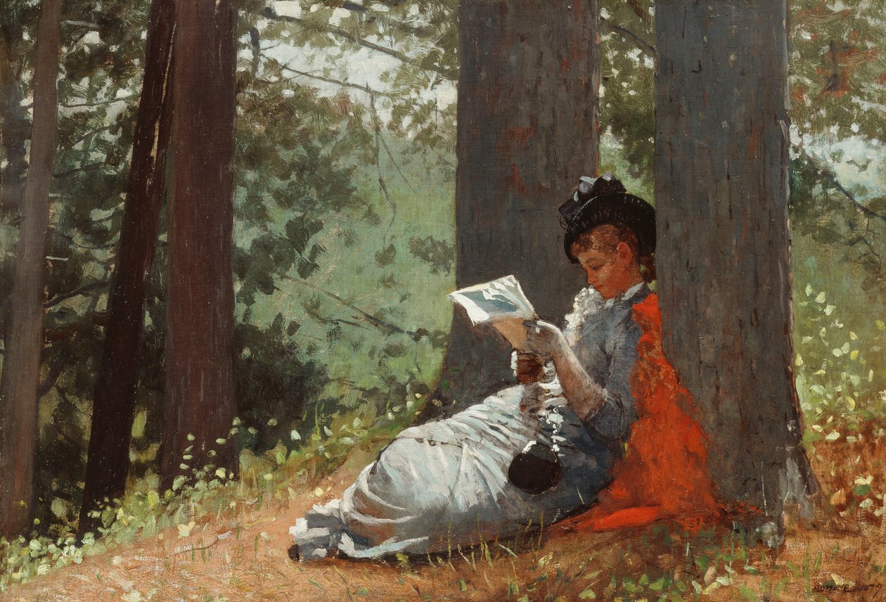 Pige læser under et egetræ, 1879 af Winslow Homer