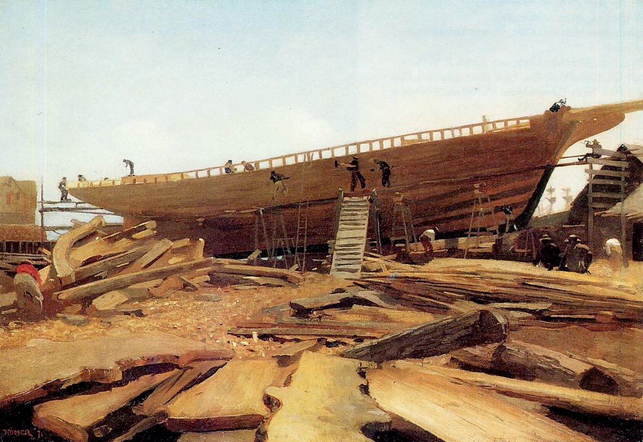 Skibsbygning, Gloucester, USA, 1871 af Winslow Homer