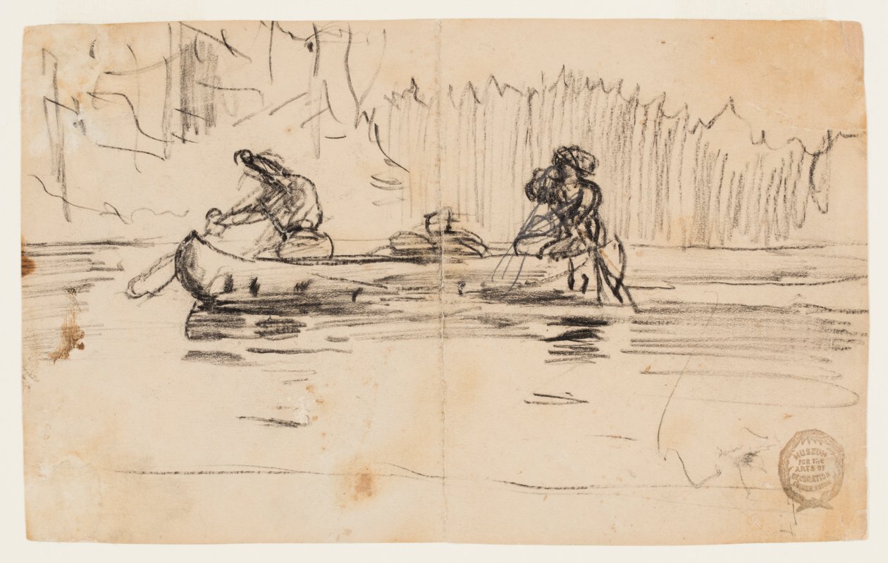 Kano med to mænd set fra siden af Winslow Homer