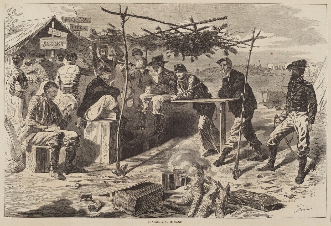 Thanksgiving in Camp, udgivet 1862. af Winslow Homer