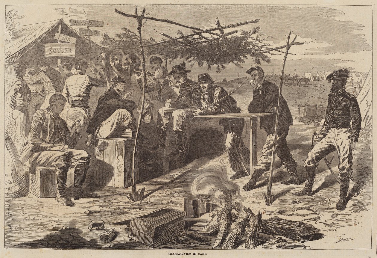 Thanksgiving in Camp, udgivet 1862. af Winslow Homer