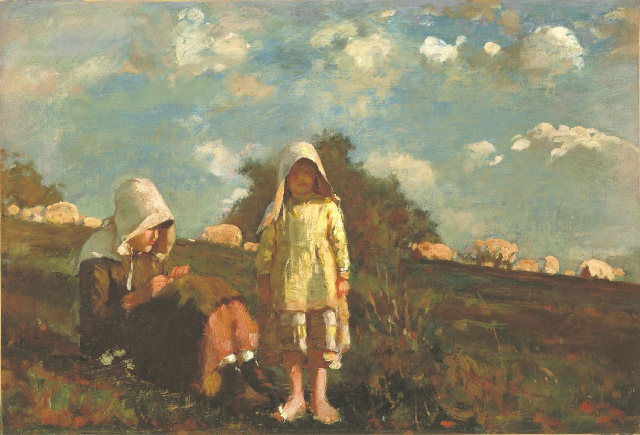 To piger med solhatte på en mark af Winslow Homer