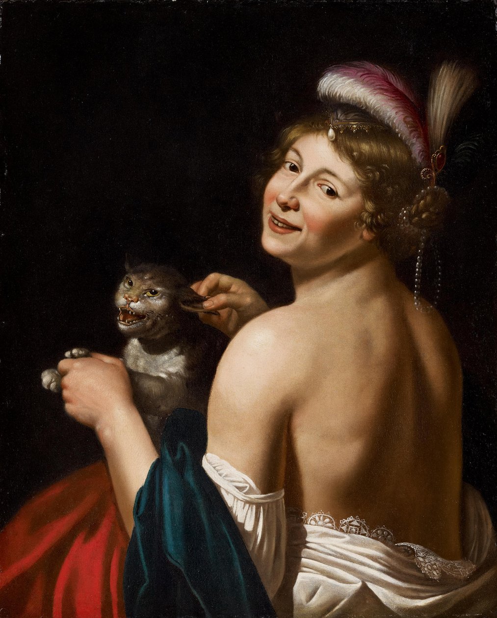 Trække en kurtisan ved øret på en kat af Workshop of Jan van Bijlert