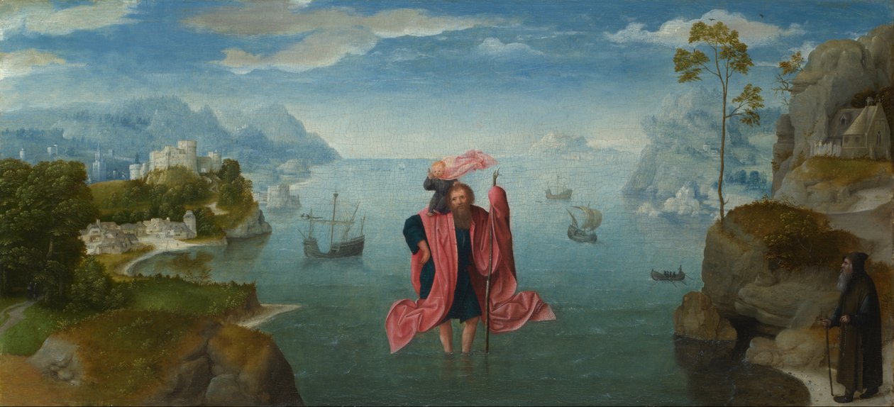 Den hellige Christopher bærer Kristus af Master of the Female Half Lengths