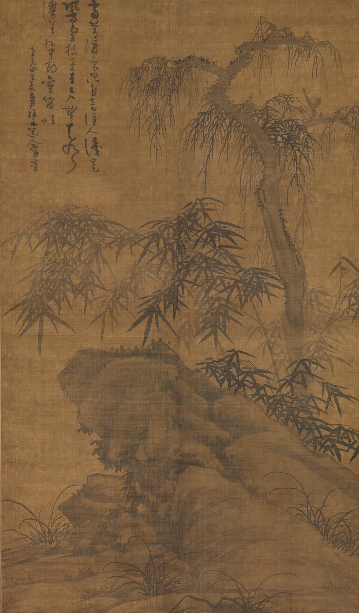 Bambus, gammelt træ og sten, dateret 1338. af Wu Zhen