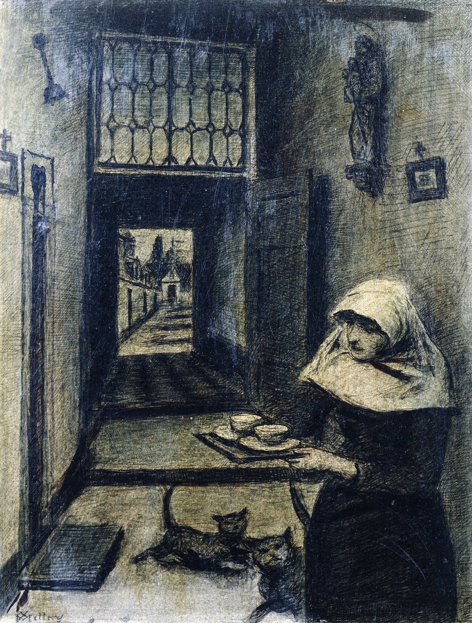nonne med to katte, af Xavier Mellery