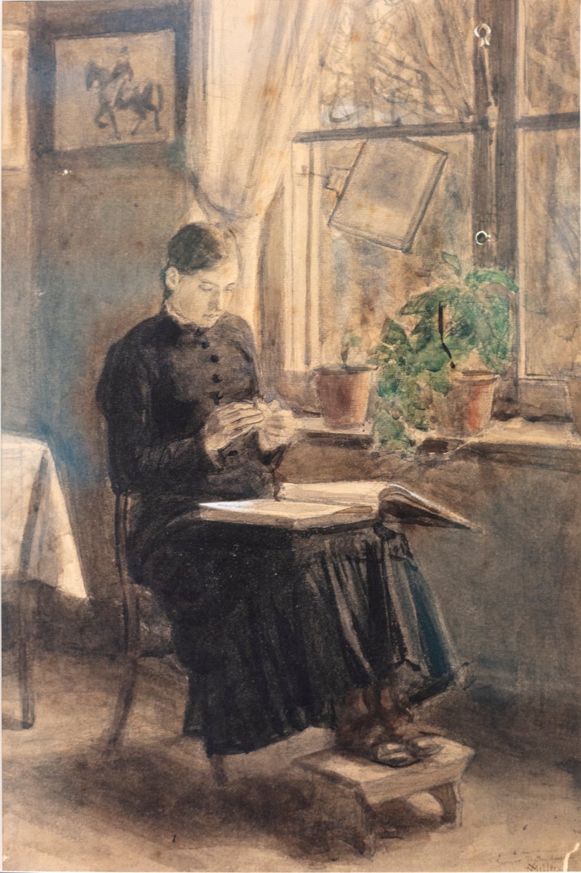 Kvinde blondemager (La Dentellière) (akvarel) af Xavier Mellery