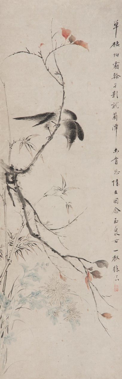 Fugl på en efterårsgren, Qing-dynastiet (blæk og farve på papir) af Xu Gang