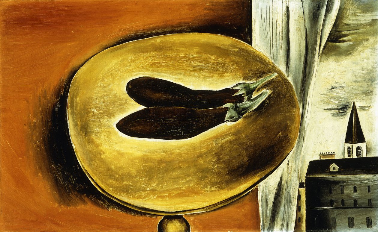 Stilleben med aubergine og bybillede af Yasuo Kuniyoshi