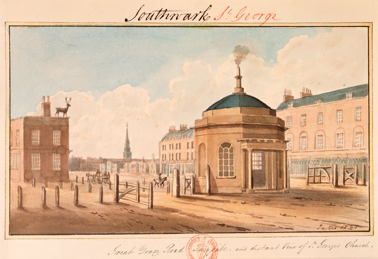 Turnpike på Great Dover Road, Southwark, London, 1825 af Yates