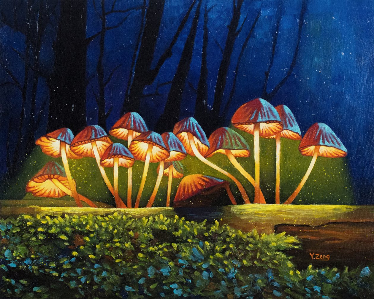 Nightlight glowing mushrooms, 2023 (olie på lærred) af Yue Zeng