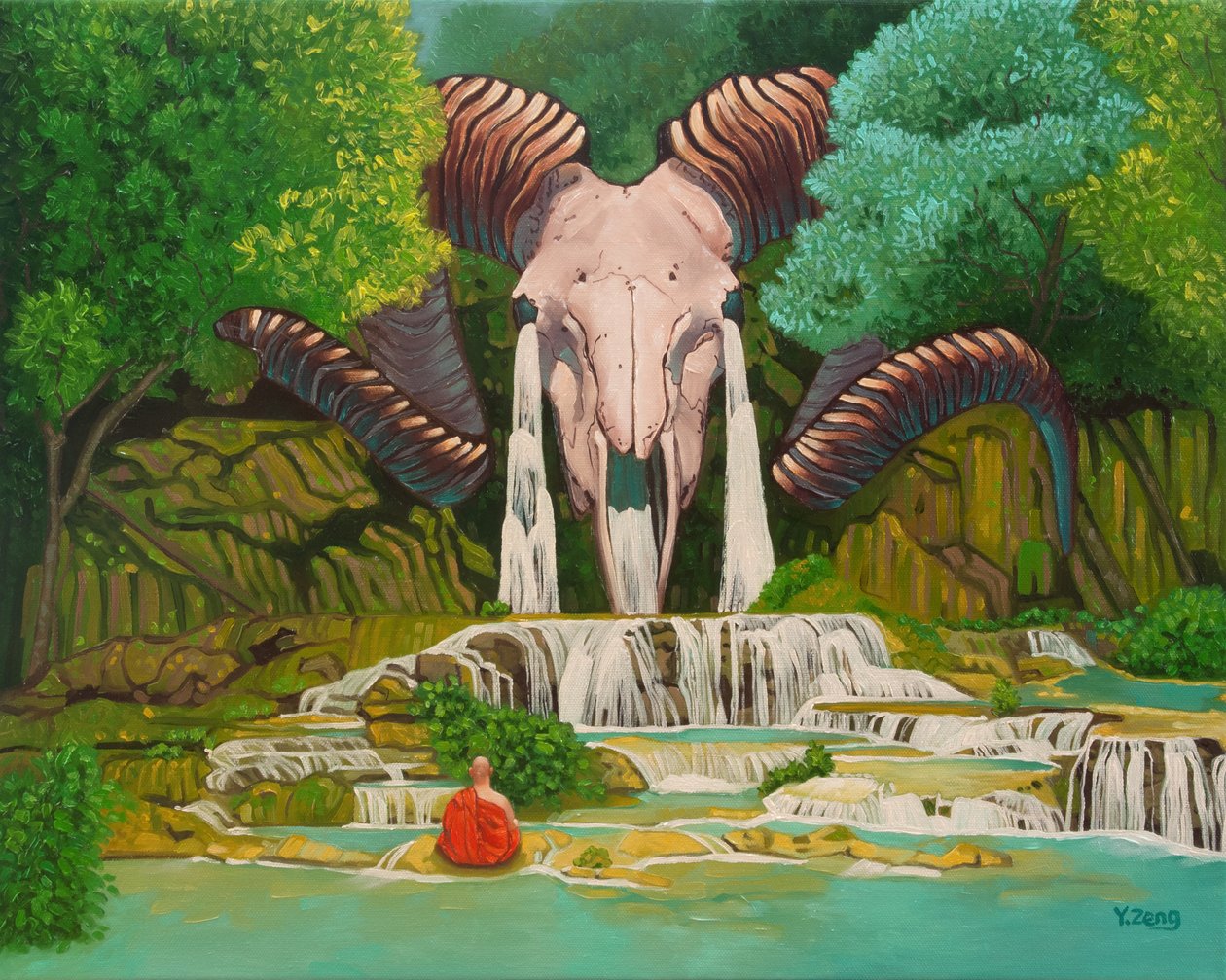 Ram skull waterfall, 2023 (olie på lærred) af Yue Zeng