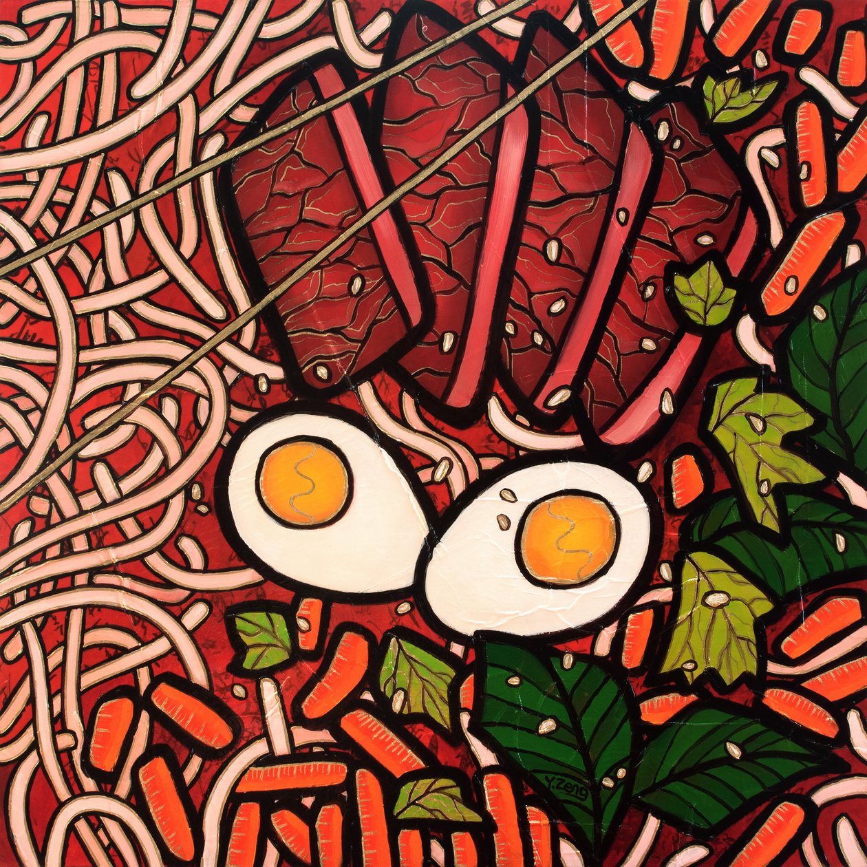 Ramen noodle beef, 2023 (olie på lærred) af Yue Zeng