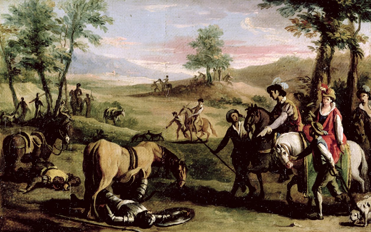 Don Quijote falder fra sin hest foran hertugerne (par 82436) af Zacarias Gonzalez Velazquez