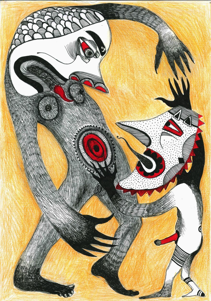 Fight, 2012 (pen, blæk og farveblyanter på papir) af Zanara Sabina Nedelcheva Williams