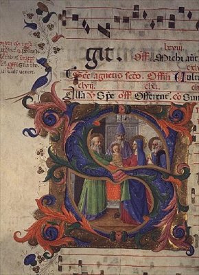 Missal 515 f.28v Historikert initial S, der viser Præsentationen i templet, 1448-49 af Zanobi di Benedetto Strozzi