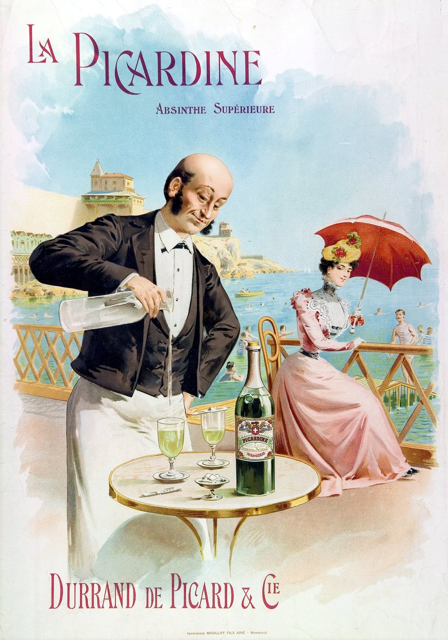 En tjener på en cafe tilbereder et glas absint af Frederick (attr. to) Barnard
