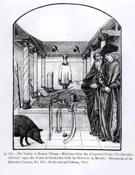 The Vanity of Human Things, fra Le Chevalier delibere, et allegorisk digt af Olivier de la Marche efter Karl den Drives død (1433-77) illustration fra Science and Literature in the Middle af French School