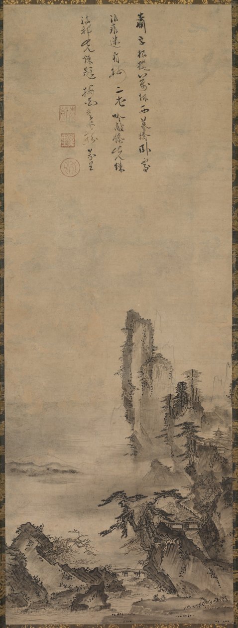 Ensomt tempel og tårnhøje klippe af circle of Kenkō Shōkei