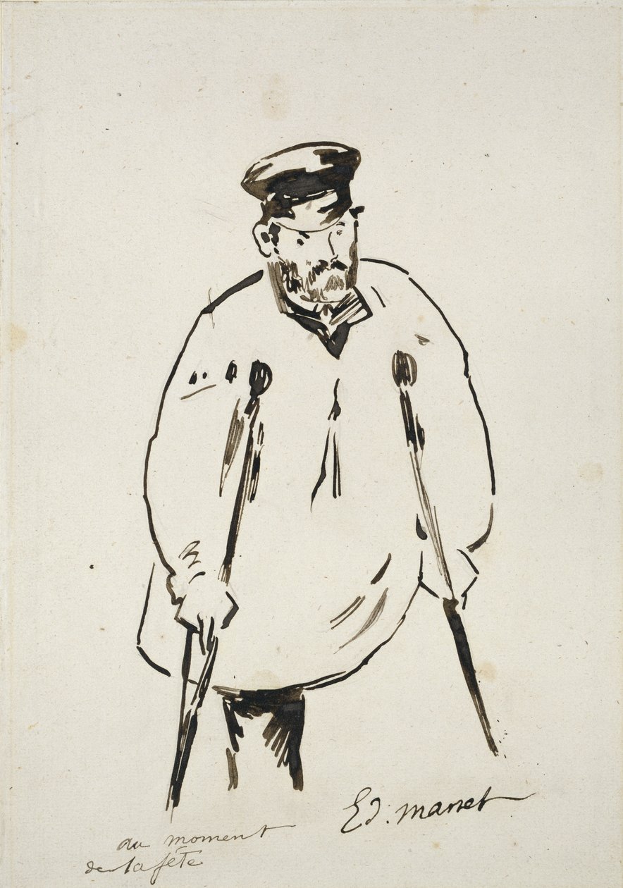 Mand på krykker (grafit med rørpen og sort blæk på hvidt papir med fin tekstur) af Édouard Manet