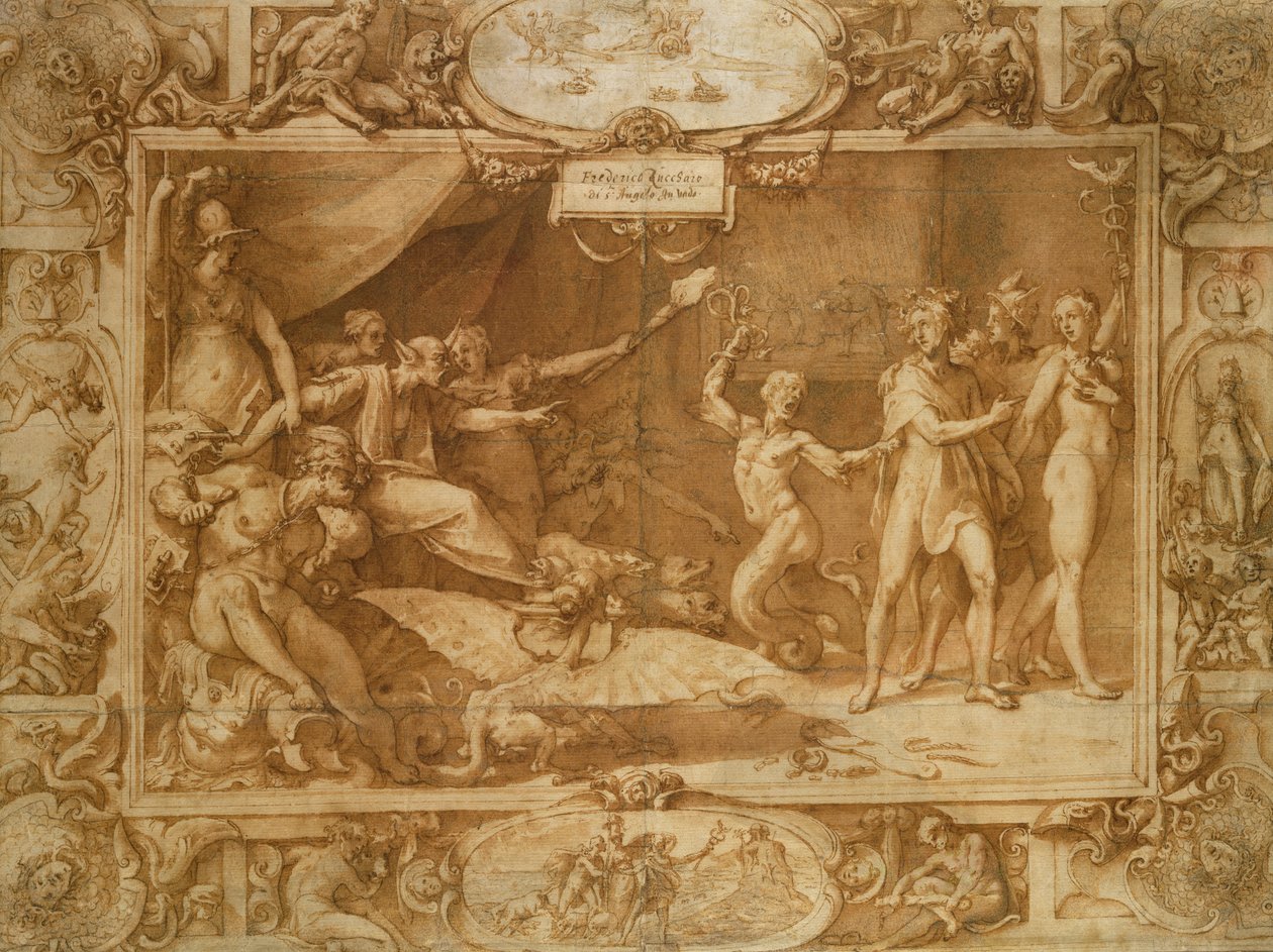 Calumny of Apelles, 1572 (pen og brunt blæk og vask på papir) af Federico Zuccari or Zuccaro