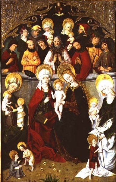 The Family of the Virgin, 1497 (tempera på panel) af school of Master of the Rhine