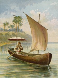 Robinson Crusoe sailing in his boat 